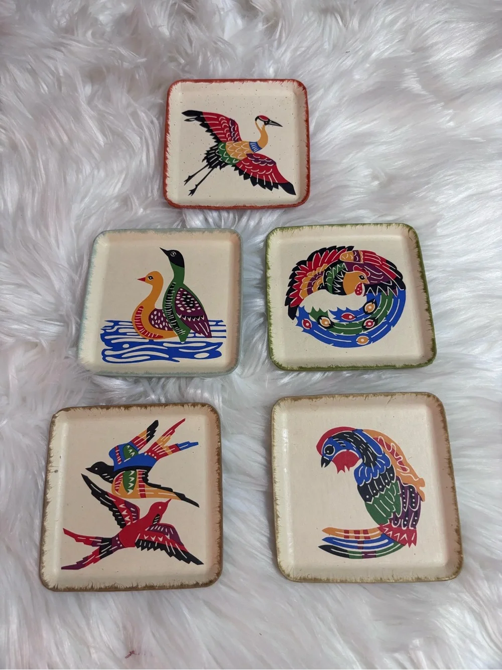 Ryuku Bingata Japanese Fuga Paper Coasters Colorful Folk Art Birds
